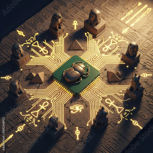 Ancient Egypt artefacts with high-tech microchip electronic circuits and components