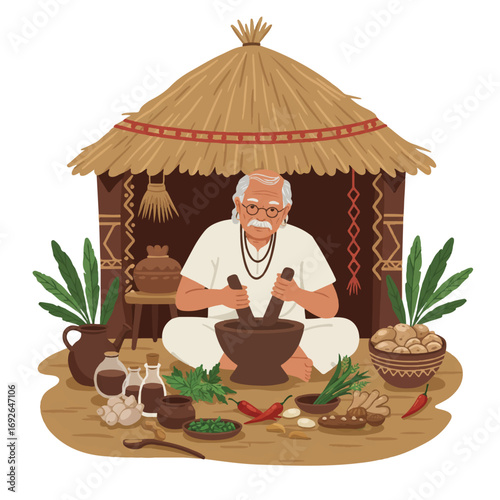 Elderly traditional healer grinds herbs with mortar and pestle, surrounded by natural ingredients in a rustic hut, simplified flat 2D vector art.