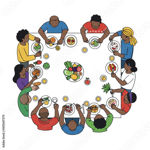 A vibrant 2D flat vector illustration portrays a diverse group of people sharing a healthy, culturally rich meal at a long communal table, featuring fresh fruits and vegetables.