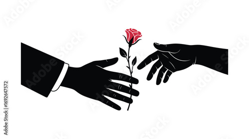 Silhouette hands exchanging a delicate red rose against a clean white background