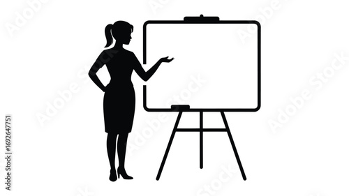 Silhouette of a woman presenting information at a blank whiteboard on an easel