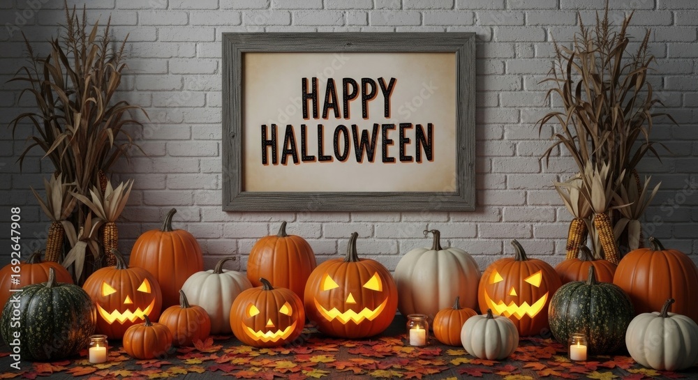 Obraz premium Spooky Halloween decor featuring carved pumpkins, candles, and festive autumn ambiance for seasonal celebrations