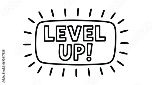 Hand drawn illustration of the words level up in a comic book style with radiating lines