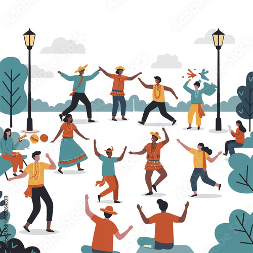 Vibrant 2D flat vector illustration depicts diverse people celebrating at a cultural festival, performing a traditional dance in an open park, promoting community and joyful physical activity.