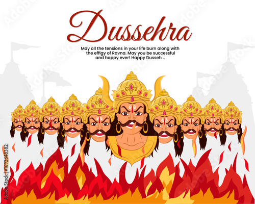 Lord Rama killing Ravana during Dussehra festival of India Ravan Dahan vector illustration