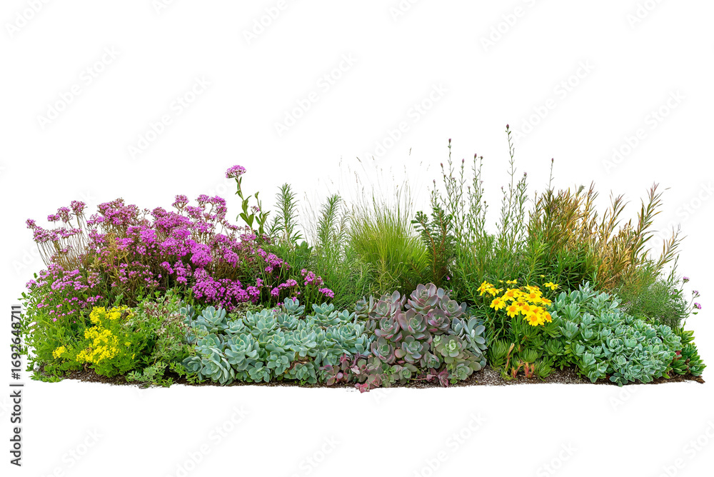 Obraz premium Sustainable Flower Bed with Drought Resistant Plants Isolated on Transparent Background. Succulents, Sedums, and Native Grasses in Sustainable Flower Bed Cutout PNG.