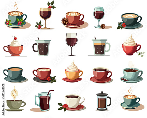 Variety of coffee and beverage drinks with festive decorations and toppings 