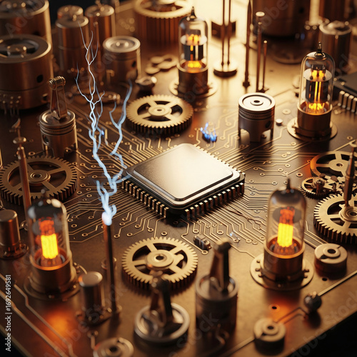 Steam punk microchip electronic circuits and components, neon wires data flow futuristic technology