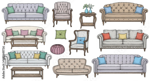 Hand-Drawn Decorative Sofas and Furniture Set with Cushions for Interior Design