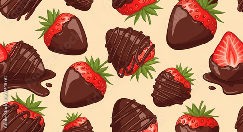 Strawberry in Chocolate Seamless Pattern - Sweet Fondue Snack with Summer Berries