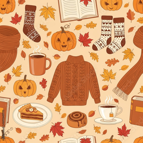Autumn Cozy Seamless Pattern with Fall Leaves, Pumpkins, and Knitted Items