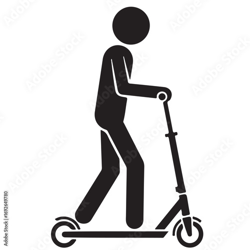 Black Silhouette of a Person Riding a Kick Scooter on a White Background