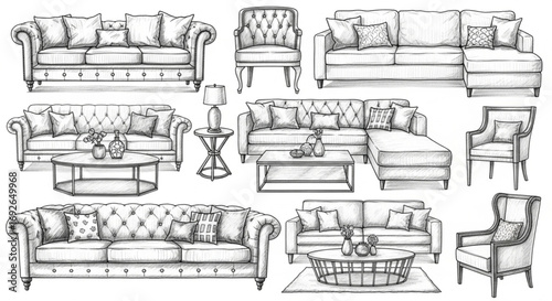 Hand-Drawn Decorative Sofas and Furniture Set with Cushions for Interior Design