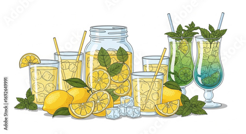 Hand-Drawn Lemonade Set with Fresh Juicy Lemons, Jars, and Tropical Mint Cocktails