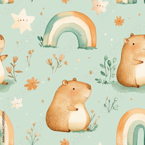 A pattern of cute animals, including a hamster and a bear