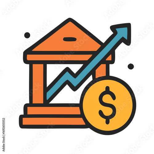 Finance vector icon showing bank building, dollar sign, and rising chart symbolizing investment growth, financial success, profit, business, banking, and economic development