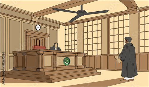 A traditional Pakistani courtroom interior with wooden benches for the audience, a high wooden judge’s bench with the national emblem behind it, and a large ceiling fan spinning slowly. Lawyers in bla