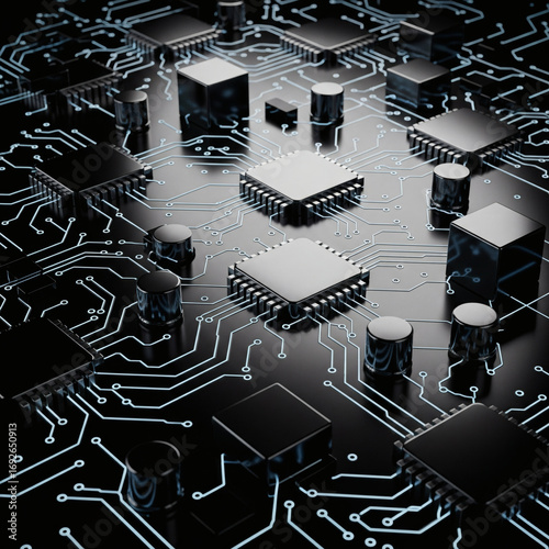 Minimalist Art black-white microchip electronic circuits and components, futuristic technology