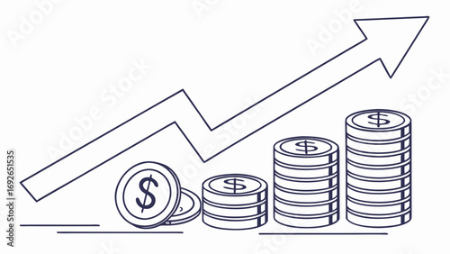 Conceptual line art illustration of increasing stacks of dollar coins with an upward trending arrow signifying financial growth