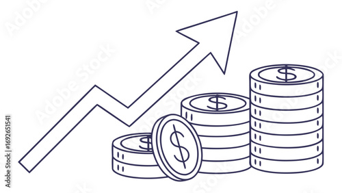 Conceptual illustration of financial growth with stacks of coins and an upward trending arrow