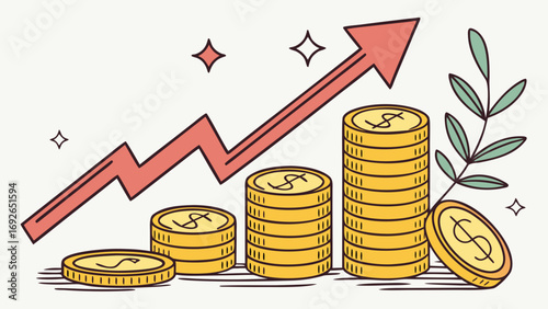 Financial growth concept with stacks of gold coins and upward trending arrow illustration