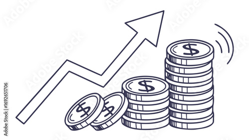 Hand drawn illustration of increasing stacks of dollar coins and an upward trending arrow symbolizing financial growth