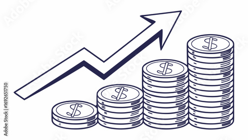 Hand drawn illustration of rising stacks of coins with an upward trending arrow symbolizing financial growth and success
