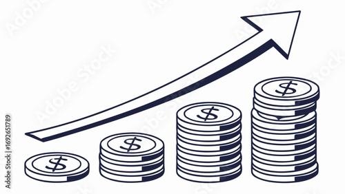 Illustration of growing stacks of coins with an upward trending arrow symbolizing financial growth and success