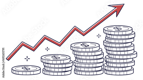 Hand drawn illustration of rising stacks of coins with an upward trending red arrow indicating financial growth