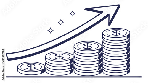 Hand drawn illustration of rising stacks of dollar coins with an upward trending arrow and sparkling stars