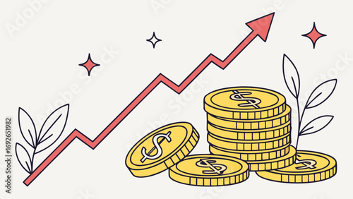 Illustration of rising stock market graph with dollar coins and green leaves symbolizing financial growth and success
