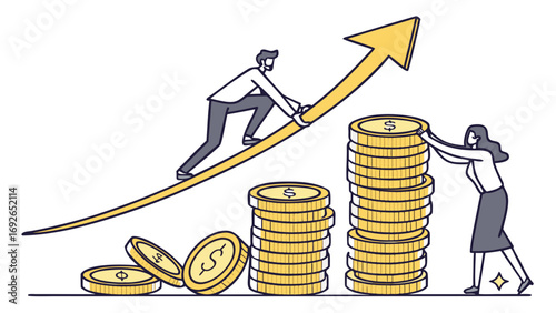 Man and woman working together to build financial growth and increase wealth with rising stacks of gold coins