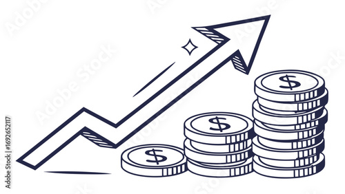 Simple hand drawn illustration of rising stacks of coins and an upward trending arrow symbolizing financial growth