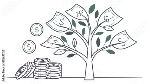 Stylized illustration of a money tree with dollar bills as leaves and stacks of coins