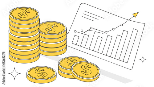 Stacks of golden dollar coins next to a financial chart showing upward growth and an arrow
