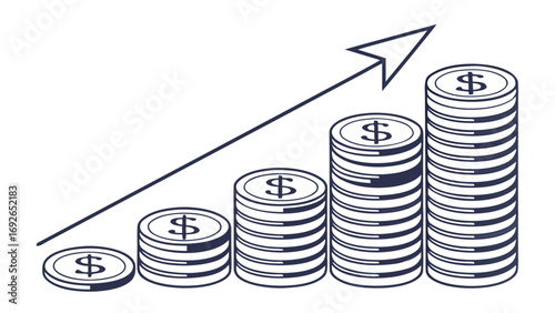 Stylized illustration of ascending stacks of coins with dollar signs and an upward trending arrow symbolizing financial growth