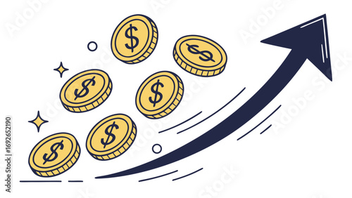 Stylized illustration of golden coins with dollar signs ascending on a rising dark blue arrow representing financial growth