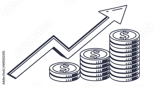 Stylized illustration of increasing stacks of coins with an upward trending arrow indicating financial growth