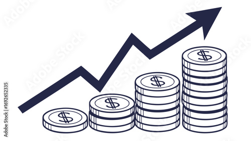 Stylized illustration of increasing stacks of dollar coins with a dark blue upward trending arrow graph