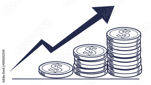 Stylized illustration of increasing stacks of dollar coins with a rising arrow graph symbolizing financial growth