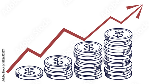 Stylized illustration of increasing stacks of dollar coins with a red upward trending arrow symbolizing financial growth and success