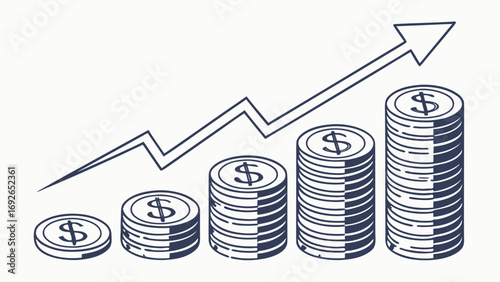 Stylized illustration of increasing stacks of dollar coins and an upward trending graph line symbolizing financial growth