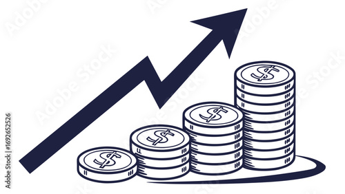 Stylized illustration of stacked dollar coins with an upward trending arrow indicating financial growth and success