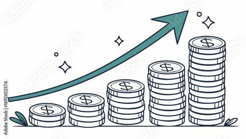 Stylized illustration of stacks of dollar coins increasing in height with an upward trending arrow symbolizing financial growth