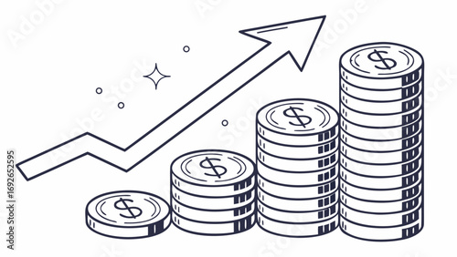 Stylized illustration of stacks of dollar coins increasing in height with an upward trending arrow