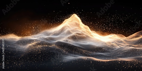 Abstract glowing white shard mountain wrapped in soft golden orbit over dark canvas