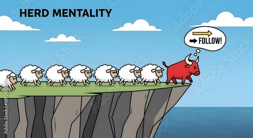 A red bull leads a line of sheep off a cliff, illustrating the dangers of herd mentality and blind following.