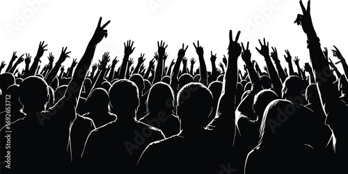 Silhouette crowd raising hands, unity protest illustration, peace sign vector, people gathering artwork, activism concept, black and white graphic, demonstration scene