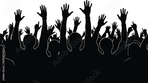 Silhouette crowd raising arms, celebration vector illustration, people cheering artwork, unity and enthusiasm concept, black and white graphic, concert or protest scene