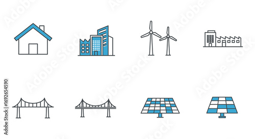 various structures including houses buildings wind turbines bridges and solar panels
